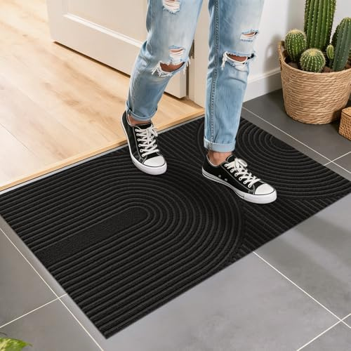 FEOMOS Fußmatte Innen Außen 50x80cm, rutschfeste Schmutzfangmatte-Schwarz | Fussmatte Innen, Fußabtreter Niedriges Profil, Türmatte Waschbar Langlebig für Haustür, Flur, Balkon, Küche