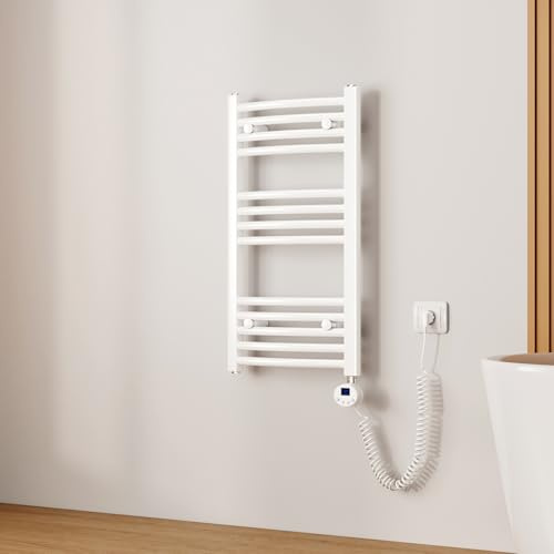 EMKE Scaldasalviette Elettrico Bagno,Curvo,75 x 40cm, 250W,Termoarredo Asciugamani da Bagno con WIFI Termostato,Bianco,Radiatore da Bagno