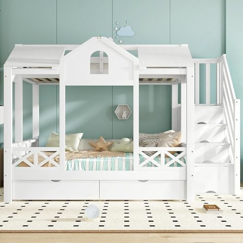 Oslghy Etagenbett Kinderbett 90x200 & 140x200 cm, Holzbett mit Schöne Fenstern und Dach, Moderne Hochbett Bett mit 2 Schubladen und 4 Stauraum Fächern Leiter, Lattenrost aus Holz, Weiß, ohne Matratze