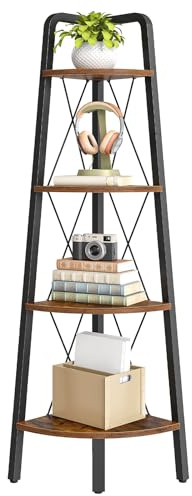 HOOBRO 4-Tier Corner Shelf, 135 cm Tall Ladder Bookshelf, Industrial Corner Display, Corner Shelf Stand, Plant Stand for Living Room, Bedroom, Office, Rustic Brown EBF144CJ01