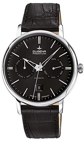 Dugena Herren-Armbanduhr 7000332 Festa Kalender, Automatik, Vollkalender, schwarzes Zifferblatt, Edelstahlgehäuse, Saphirglas, Lederarmband, Dornschließe, 5 bar