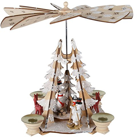 Weihnachts-Pyramide Schneemänner, Rehe in Winterlandschaft, H: 20cm, Natur/weiß, handbemalt im Kunsthandwerks-Stil