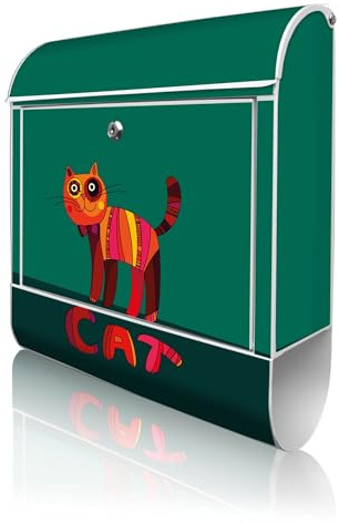 banjado Design Briefkasten 38,5x46,5x13cm & 2 Schlüssel - Briefkasten Stahl Weiß mit Zeitungsfach pulverbeschichtet - Postkasten A4 Einwurf inkl. Montagematerial - Motiv Orange Katze