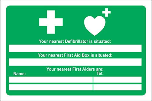Indigos UG Aufkleber Your nearest Defibrillator is situated - Your nearest first aid box is situated Sicherheitsaufkleber - 30x20cm - Sticker für Büro, Firma, Schule, Hotel, Werkschutz