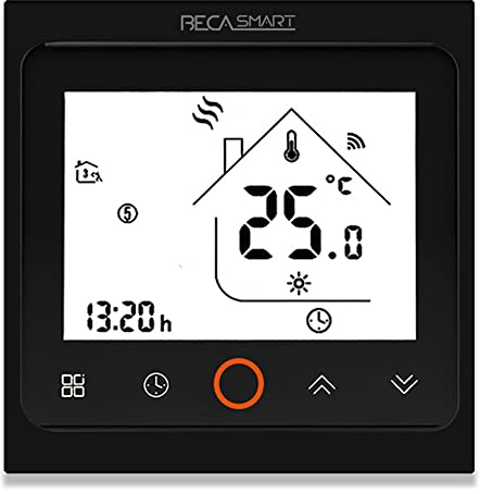 BecaSmart 002 Series WiFi Thermostat pour Chauffage électrique 16A Ecran Tactile LCD de Programmation Intelligent sans Fil Commande vocale Noir