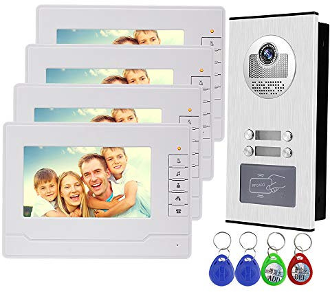 uoweky Wired 7 RFID Video Doorbell Intercom Door Phone System 4 Indoor Monitors +700TVL IR Outdoor Camera Night Vision High Resolution Support 500 RFID Users for Multi Apartments/Families