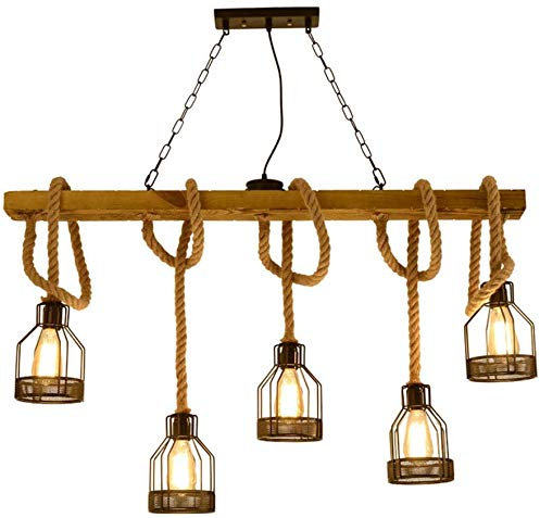 COCOL Retro Vintage Seilleuchte Kronleuchter Rustikal Hanfseil Eisen Leuchter Pendelleuchte Hölzern Hängelampe Deckenlampe Beleuchtung E27 Bar Restaurant Hängeleuchten