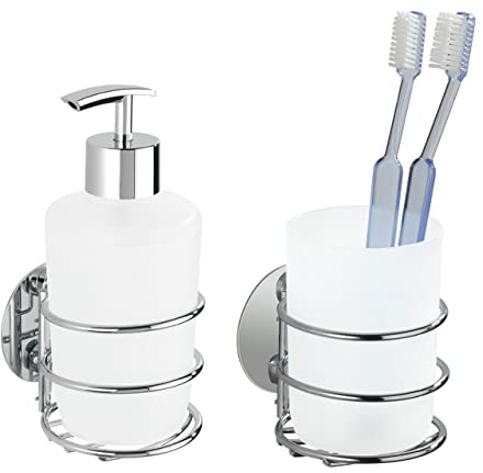 WENKO Turbo-Loc® Seifenspender und Zahnputzbecher, Befestigung ohne Bohren, nachfüllbarer Pumpspender, 285 ml & Zahnbecher aus weiß satiniertem Kunststoff, hochwertige Chrom-Halterung zur Wandmontage