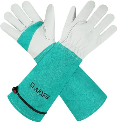 SLARMOR Lange Gartenhandschuhe Damen Abeitshandschuhe Herren | Hochwertiges 100 % Rindsleder, extra lange Stulpe, verstärkte Handflächen und Fingerspitzen