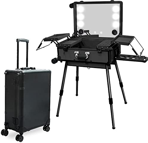 EBANKU Maquillaje de Tren Maleta con Ruedas, Maquillaje Trolley Maleta con Luces LED Estación y Bluetooth, Rolling de Aluminio Maletín de Maquillaje Profesional Estuche para Maquilladores (Negro)