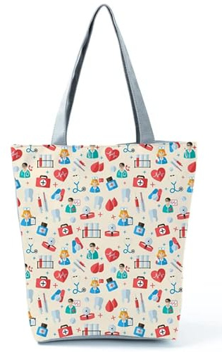 INN Bolso de enfermera de lona de algodón, bolsa de la compra, bolsa de tela, bolsa de algodón con estampado de dibujos para enfermería, trabajo diario, 42x34cm (Botiquines)