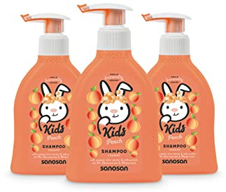 sanosan Shampoo Pfirsich für Kinder & Babys 3x 200 ml - Haarshampoo mit Bio Olivenextrakt & Milchprotein - Haarpflege, Haar Shampoo für Kind & Baby