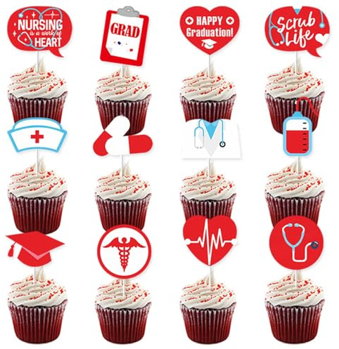 24 Pack Nursing Cupcake Toppers, Nurse Graduation Cupcake Picks for Nurse Medical Rn Themed Graduation Birthday Party Cake Decorations