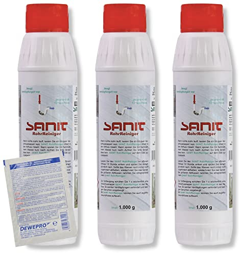 DEWEPRO-Set: SANIT RohrReiniger (3061) - 3 Flaschen à 1000g - Granulat-Rohrreiniger zur selbsttätigen Beseitigung von Verstopfungen in Rohren und Siphons, inkl. 1 St. DEWEPRO® Single Scrubs