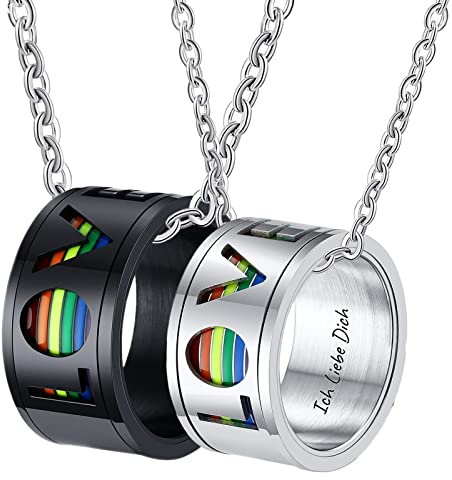 Dsnyu 2er Set Partnerketten Gravur Ich Liebe Dich, Love LGBT-Spinner Kette Vintage Herren 50CM/ 60CM, Edelstahl Anhänger Halskette Silber Schwarz