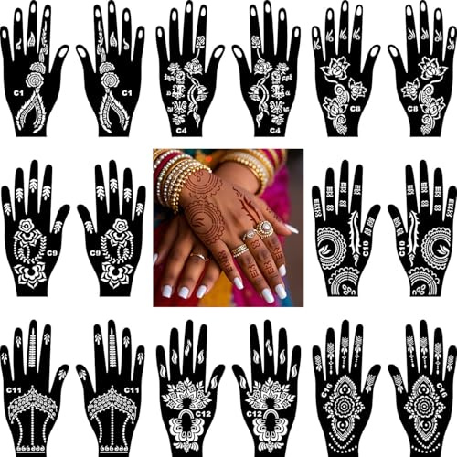 Lot de 16 pochoirs au henné pour femme - Pour les doigts et le corps - Pour tatouages temporaires - Pour filles
