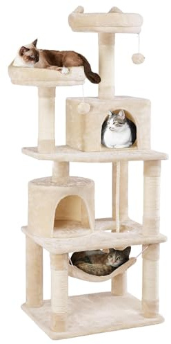 Yaheetech Klösträd 158 cm kattträd, klösträd, med 2 katthus och 2 plattformar, sisal, kattmöbler, stabil, beige