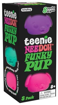 Schylling Teenie NeeDoh Funky Pup (3 Pack) - Mini Squishy Animals Fidget Toys, 8 Assorted Colours & Styles, Nee Doh Stress Balls For Anxiety Relief, Safe & Non-Toxic Dough; 3 Year Olds +