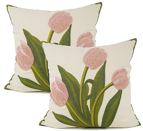 YOUR SMILE Pack of 2 Embroidered Decorative Throw Pillow Cover 18x18 Inch Farmhouse Floral Floor Pillowcase for Couch Living Room Sofa Bed,Pink Tulip
