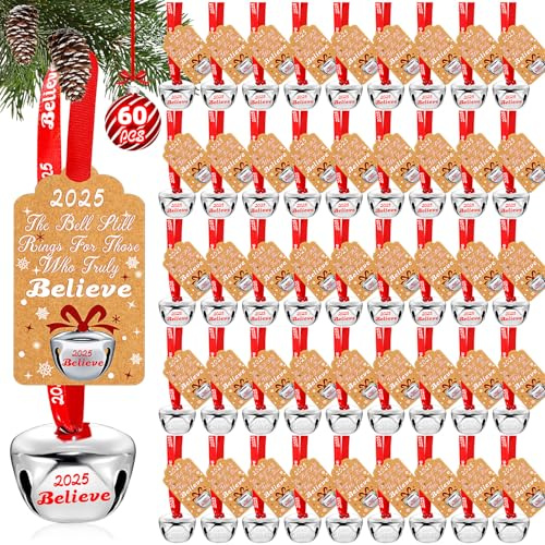 60 Sets Weihnachtsglocken Dekor Weihnachten Believe Bell Ornamente Bulk Polar Express Glockendekorationen Xmas Party Geschenke Gefälligkeiten Tags Silber Schlitten Glöckchen für