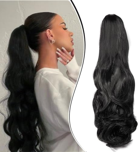 Dcbaboo Extensions de cheveux en queue de cheval avec pince - Ondulées et synthétiques - 45 cm - Noir