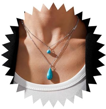Inateannal Boho Geschichtet Türkis Anhänger Halskette Silber Türkis Choker Halskette Teardrop Türkis Kette Halskette Blauen Stein Perle Halskette Schmuck Für Frauen Mädchen