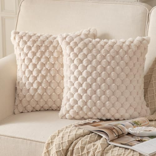 Mandioo 2er Set Beige superweichen dekorative Plüsch Kissenbezug Kissenbezüge 65 x 65 cm Wollsamt Dekokissenbezüge Kissenhülle Sofakissen Dekokissen flauschig für Couch Sofa Bett Wohnzimmer