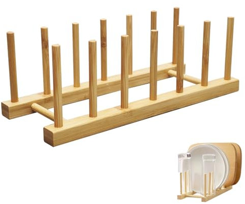 YUNYU Wooden Plate Rack Organiser - 6 Slot Dish Drainer & Storage Holder for Kitchen/Bedroom/Study | Fits Chopping Boards/Cups/Books/Pot Lids/Baking Trays (Natural Wood)