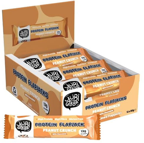 YuBi Protein Flapjacks - Peanut Crunch, 12 Bar Box, Protein Bars, 13g Protein, High Fibre, 2.3g of Sugar, Gluten Free and Dairy Free, 12x50g