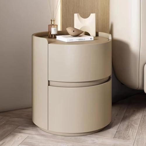 ZZANJINON Mesilla De Noche Redonda, Juego De Mesilla De Noche De Madera Con Cuero Exterior, Mesa Auxiliar Con Cajón Y Estante Para Dormitorio O Sala De Estar, Tamaño 45X45X50CM, Color Natural
