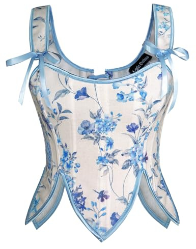 SCARLET DARKNESS Corset Renaissance pour femme Corset vintage à lacets Style paysan fleurs bleues 36