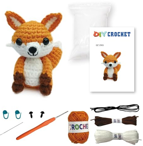 Juego para principiantes de Ganchillo Lindo Zorro DIY Kit de Ganchillo Crochet Kit de Ganchillo Adecuado para adultos y niños Con instrucciones paso a paso y tutoriales detallados en vídeo (Zorro)