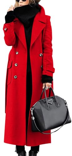 ebossy Women‘s Winter Double Breasted Wool Coat Elegant Notched Lapel Belted Maxi Long Pea Trench Coat, Red, Medium