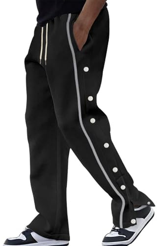 Trainingshose für Herren – hoch geteilter Druckknopf, Jogginghose, entspannte Passform, Lauf-Sporthose, Sweathose, lässig, Kordelzug, Jogginghose, gerades Bein, Sweathose, vier Jahreszeiten, Schwarz ,