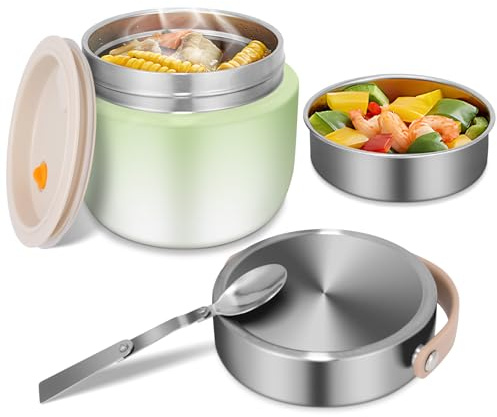 XUANHONG-TECH Contenitore termico per alimenti, 1200 ml, in acciaio inox, con cucchiaio e coperchio, a prova di perdite e robusto, ideale per scuola, lavoro, viaggi e attività all'aperto (verde)