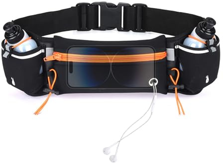 Fesatccoz Ceinture Running Ceinture de Course avec 2 Gourdes, Pochette Téléphone Étanche, Ceinture Hydratation Running Réfléchissante Réglable pour Jogging, Trail et Activités de Plein Air, Orange