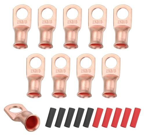 sourcing map 10pcs 2 AWG M10 Battery Lugs Ring Terminals, 3/8 10mm Gold | Stud Crimp Wire Terminal Connector End Copper, 2:1 Heat Shrink Tubing