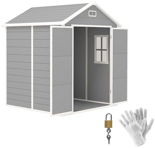 Outsunny Gerätehaus 2,4m², Wasserdicht Gartenhaus mit Boden Satteldach, 182x151x219/181 cm, Geräteschuppen mit Abschließbar Tür, Fenster, Fahrradgarage aus Kunststoff für Hinterhof, Garten, Grau