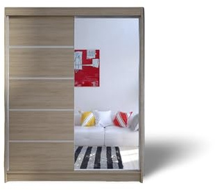 ELUKS - DELIN Sliding Doors Wardrobe with Mirror Furniture for Bedroom Living Room and Hall Wardrobe Organizer Width 100cm/120cm/150cm/180cm/200cm/WHITE/BLACK/OAK (Sonoma Oak, 150cm)