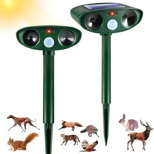 2 Pcs Solar Ultrasonic Animal Repeller Outdoor Squirrel Cat Deer Repellent Devices Waterproof with Motion Sensor,Effective Against Dog,Raccoon,Skunk,Rabbit,Coyote Deterrent for Yard Garden Protection