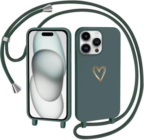 CaseLover Handyband kompatibel mit iPhone 13 Pro Hülle mit Band, Herz Muster Silikon Necklace Handyhülle mit Abnehmbar Kordel zum Umhängen Stossfest Bumper Schutzhülle für iPhone 13 Pro, Grün