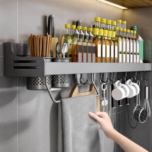 WEFHEF Étagère à Épices Murale avec Porte-Serviette, Porte-couverts, Fente pour Couteau et Crochet de Rangement, Organisateur Épices 40 cm, Range Épice Suspendue Métal, pour Bocal Ustensiles Cuisine