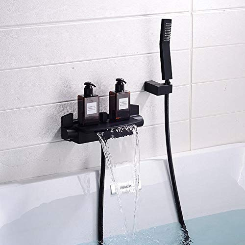 Wasserhahn Badewanne Badezimmer Duschfüller Mischbatterie Badewannenarmatur Wasserfall mit Dusche Wandmontage Messing Einhebel mit Duschkopf Schwarz