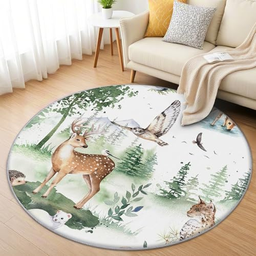 AevuCub Waldtiere Teppich Rund 150cm Kinderzimmer - Waschbare Teppiche Wohnzimmer Kinder Tiere - Runder Teppich 150 Durchmesser - Bettvorleger Schlafzimmer rutschfest Weich