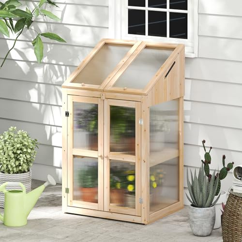 COSTWAY 2 Etagen Frühbeet, aus Holz & PC, Hochbeet wetterfest, Gewächshaus mit 2 Türen, Deckel & abnehmbaren Regalen, Pflanzenbeet Aufzuchtschrank Treibhaus, für Garten Balkon, 69 x 58 x 121 cm, Natur