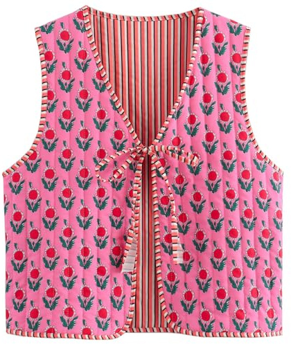 Wyeysyt Women's Cropped Floral Quilted Puffer Vest Printed Lightweight Sleeveless Padded Gilet Outwear(02RoseRed-M)