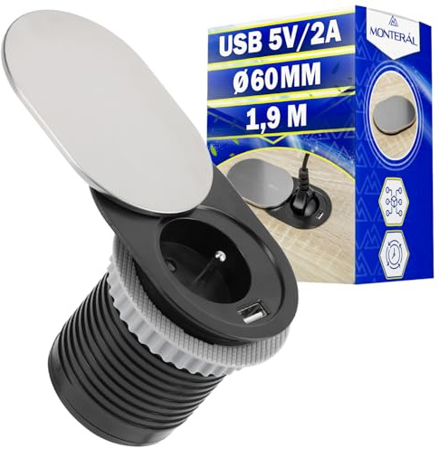 MONTERAL Presa a Scomparsa Top Cucina Tipo Francese - Presa da Incasso per Mobili con USB 5V/2A e Copertura - per Foro Ø 60 mm - con Cavo di Alimentazione da 1,9 m - Garanzia di 10 Anni