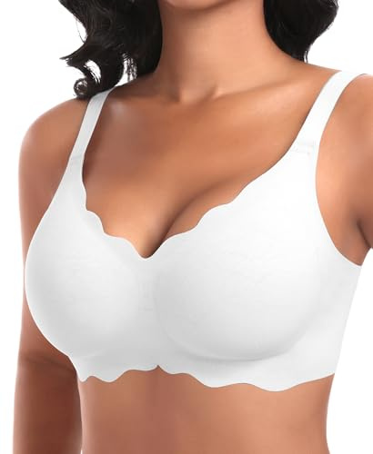 Ganado Jelly Bras for Women Wireless Seamless Bra Non Wired Gel Push Up Support Bras Scalloped Padded T Shirt Full Coverage Bra #1 White, M