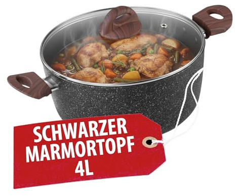 MAGIC HOME Aluguss Topf 24 cm INDUKTION | Marmor Antihaft | Kleiner Beschichteter Kochtopf mit Glasdeckel für Alle Herdarten, Induktionsherd | Ergonomischer Griff in Holzoptik | Black Marble Line