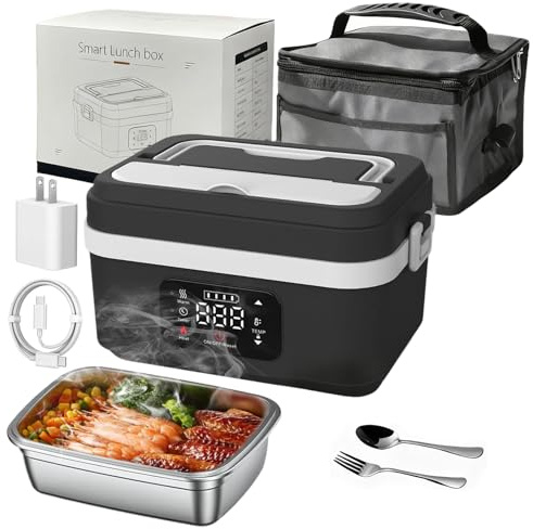 Gamelle Chauffante avec Batterie, 1L Lunch box Chauffante, Chauffage Programmable, 60W, 2*4000mAh Rechargeable Batterie, avec Minuterie et Sac Isotherme, pour Travail, Voiture, Chantier (Blanc)